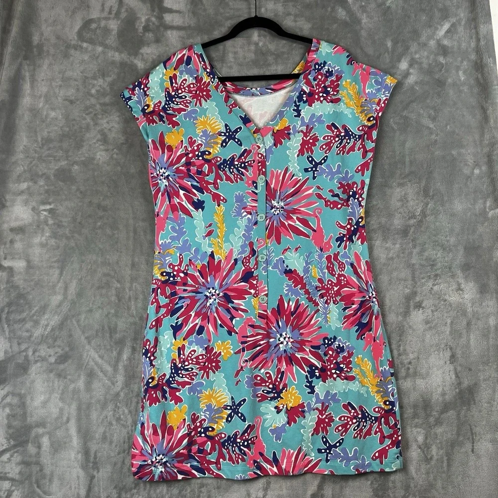 Lilly Pulitzer XL Floral Sea Print Sleeveless Button Front Knit Shift Dress - Picture 9 of 10